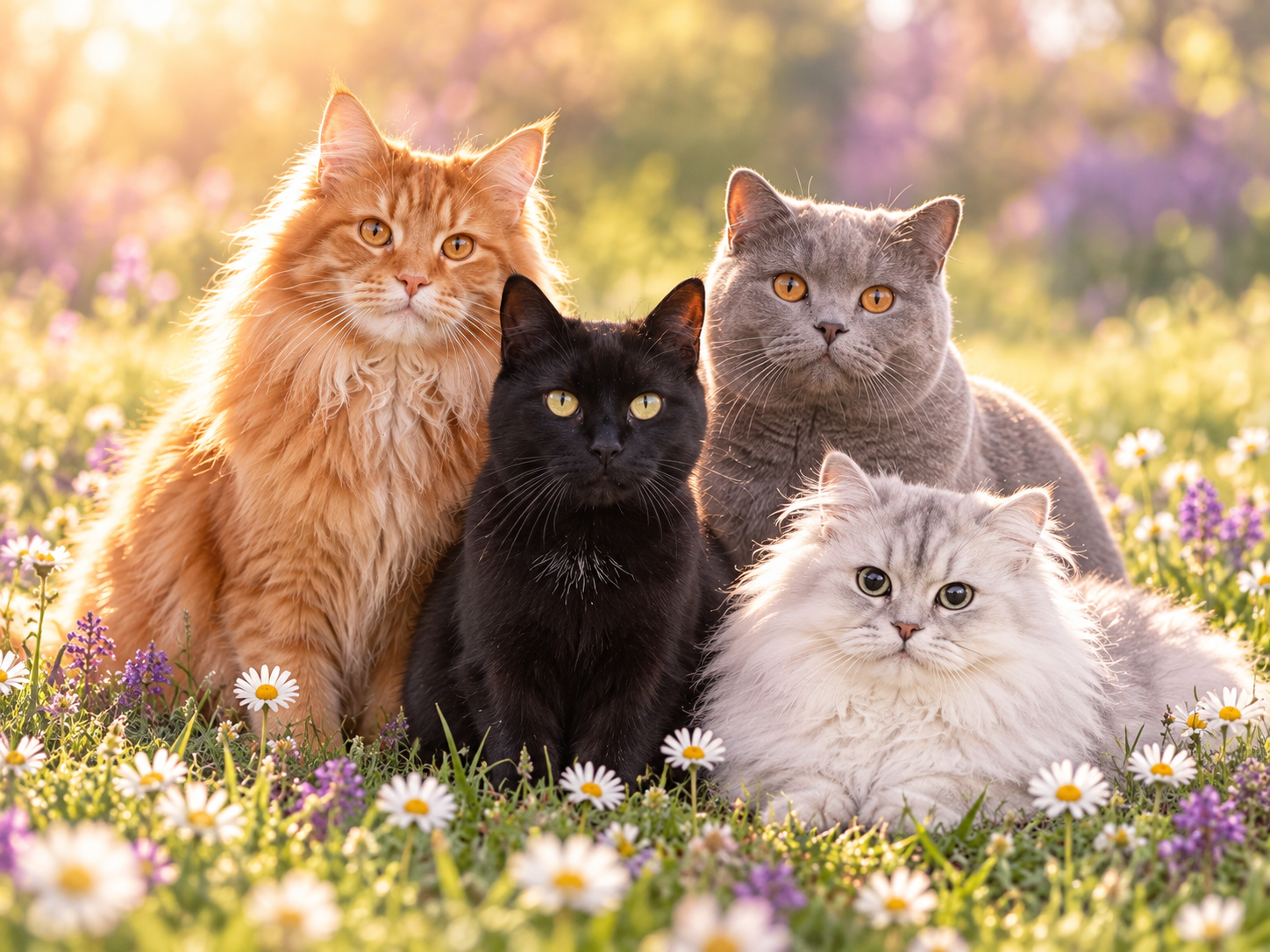 Vier Katzen auf einer Wiese
