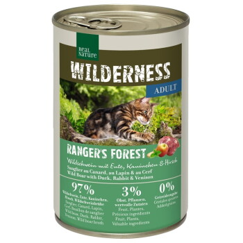 Offizielles Produktfoto: REAL NATURE WILDERNESS Nassfutter Katze, Adult, Rangers Forest, Wildschwein mit Ente, Kaninchen und Hirsch