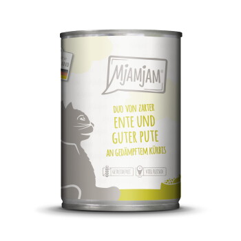 Offizielles Produktfoto: MjAMjAM Nassfutter Katze Adult, Duo Ente und Pute