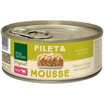 Offizielles Produktfoto: REAL NATURE Original Nassfutter Katze, Adult, Filet & Mousse Huhn und Pute mit Leinöl