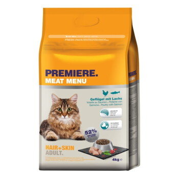 Offizielles Produktfoto: PREMIERE Meat Menu Trockenfutter Katze Adult Hair and Skin Geflügel mit Lachs