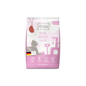 Offizielles Produktfoto: MjAMjAM Trockenfutter Katze, Adult, Knusprige Mahlzeiten Lachsfilet und Geflügel