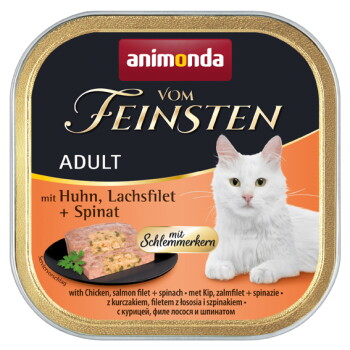 Offizielles Produktfoto: animonda Vom Feinsten Nassfutter Katze, Adult, mit Schlemmerkern Huhn, Lachsfilet und Spinat