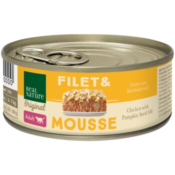Offizielles Produktfoto: REAL NATURE Original Nassfutter Katze, Adult, Filet & Mousse Huhn mit Kürbiskernöl