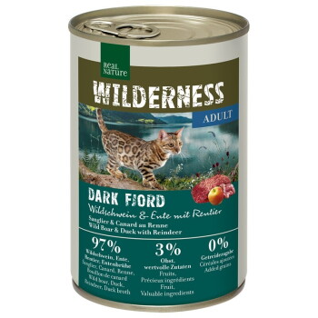 Offizielles Produktfoto: REAL NATURE WILDERNESS Nassfutter Katze, Adult, Dark Fjord, Wildschwein mit Ente und Rentier