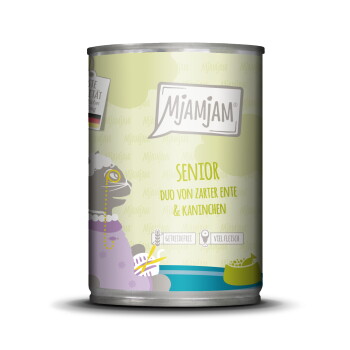 Offizielles Produktfoto: MjAMjAM Nassfutter Katze Senior, Duo von Ente & Kaninchen