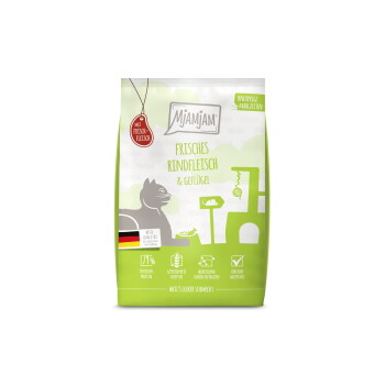 Offizielles Produktfoto: MjAMjAM Trockenfutter Katze, Adult, Knusprige Mahlzeiten Rind und Geflügel