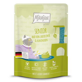 Offizielles Produktfoto: MjAMjAM Nassfutter Katze Senior, Quetschie, Ente und Kaninchen