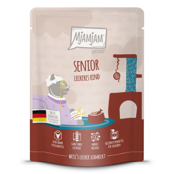 Offizielles Produktfoto: MjAMjAM Nassfutter Katze Senior, Quetschie, Rind