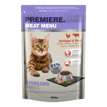Offizielles Produktfoto: PREMIERE Meat Menu Trockenfutter Katze Adult Sterilised Geflügel und Rind