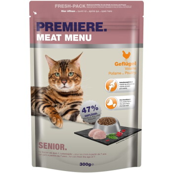 Offizielles Produktfoto: PREMIERE Meat Menu Trockenfutter Katze Senior Geflügel