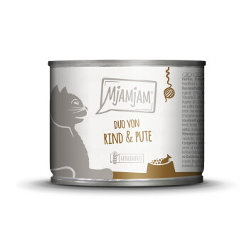 Offizielles Produktfoto: MjAMjAM Nassfutter Katze Adult, Duo Rind und Pute