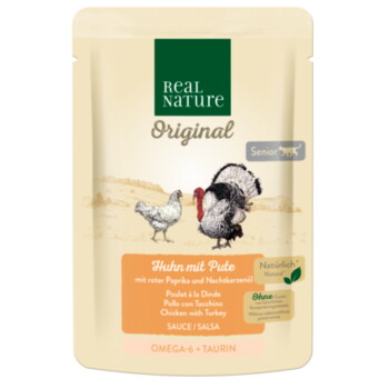 Offizielles Produktfoto: REAL NATURE Original Nassfutter Katze, Senior Huhn mit Pute, roter Paprika und Nachtkerzenöl