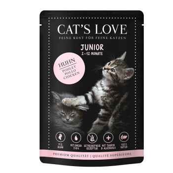 Offizielles Produktfoto: CAT'S LOVE Katzenfutter Katze Junior in Gelee Huhn mit Algenkalk und Distelöl