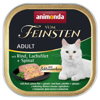 Offizielles Produktfoto: animonda Vom Feinsten Nassfutter Katze, Adult, mit Schlemmerkern Rind, Lachsfilet und Spinat