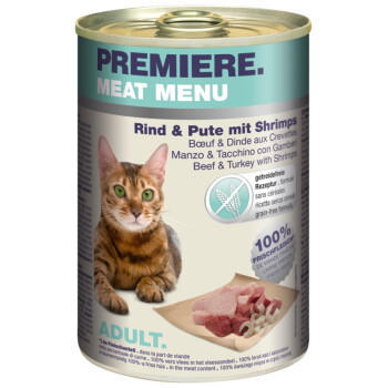 Offizielles Produktfoto: PREMIERE Meat Menu Nassfutter Katze Adult Rind mit Pute und Shrimps
