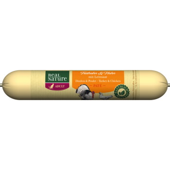 Offizielles Produktfoto: REAL NATURE Original Nassfutter Katze, Adult, Katzenwurst Truthahn und Huhn mit Leinsamen