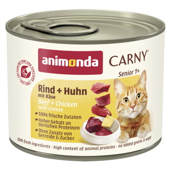 Offizielles Produktfoto: animonda Carny Nassfutter Katze Senior Rind und Huhn mit Käse