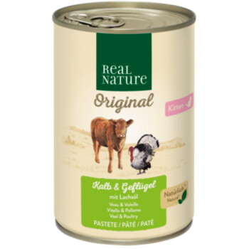 Offizielles Produktfoto: REAL NATURE Original Nassfutter Katze, Kitten Kalb und Geflügel mit Lachsöl