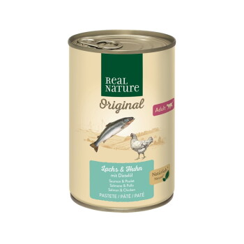 Offizielles Produktfoto: REAL NATURE Original Nassfutter Katze, Adult, Lachs und Huhn mit Distelöl