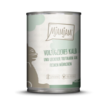 Offizielles Produktfoto: MjAMjAM Nassfutter Katze Adult Kalb und Truthahn