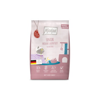 Offizielles Produktfoto: MjAMjAM Trockenfutter Katze, Senior, Knusprige Mahlzeiten Lachsfilet & Geflügel