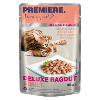 Offizielles Produktfoto: PREMIERE Deluxe Ragout Nassfutter Katze Adult Reich an Lachs