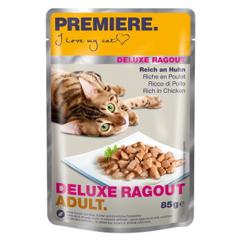 Offizielles Produktfoto: PREMIERE Deluxe Ragout Nassfutter Katze Adult Reich an Huhn