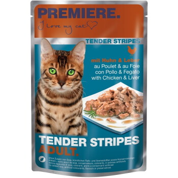 Offizielles Produktfoto: PREMIERE Tender Stripes Nassfutter Katze Adult Huhn und Leber