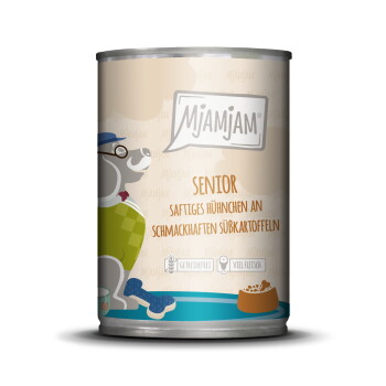Offizielles Produktfoto: MjAMjAM Nassfutter Hund Senior - saftiges Hühnchen an Süßkartoffeln