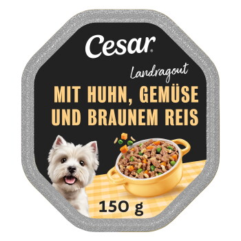Offizielles Produktfoto: Cesar Landragout Huhn-Stückchen, Naturreis und Gemüse