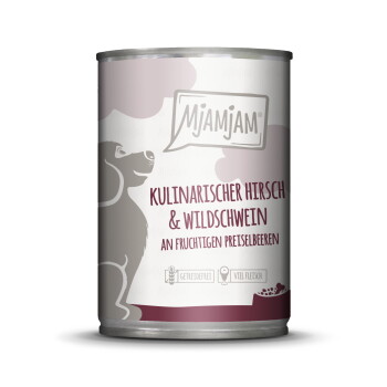 Offizielles Produktfoto: MjAMjAM Nassfutter Hund Adult kulinarischer Hirsch & Wildschwein an fruchtigen Preiselbeeren