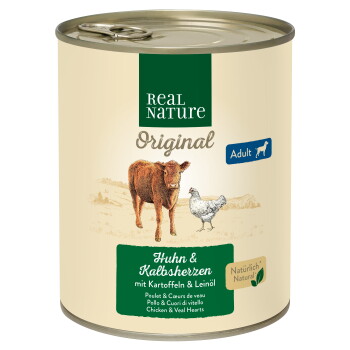 Offizielles Produktfoto: REAL NATURE Nassfutter Hund, Adult, Kalbsherzen und Huhn