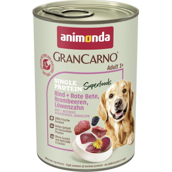 Offizielles Produktfoto: animonda GranCarno Single Protein Superfoods Nassfutter Hund Adult, Rind und Rote Bete, Brombeeren, Löwenzahn