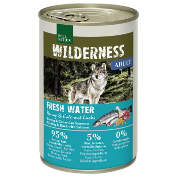 Offizielles Produktfoto: REAL NATURE WILDERNESS Nassfutter Hund, Adult, Fresh Water, Hering und Ente mit Lachs