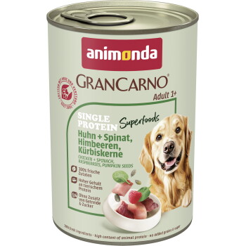 Offizielles Produktfoto: animonda GranCarno Single Protein Superfoods Nassfutter Hund Adult, Huhn und Spinat, Himbeeren, Kürbiskerne