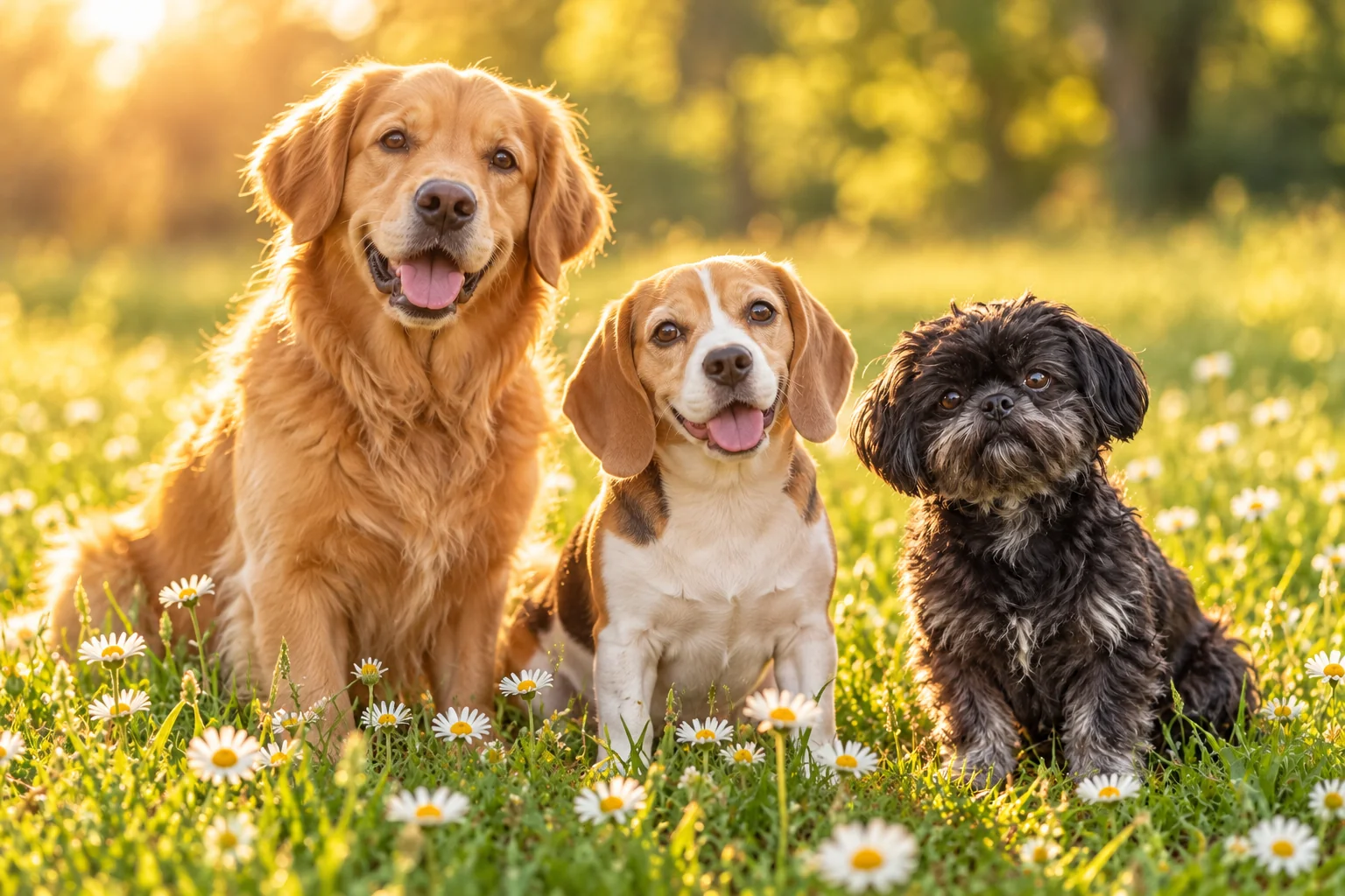 Drei Hunde sitzen zusammen auf einer sonnigen Wiese
