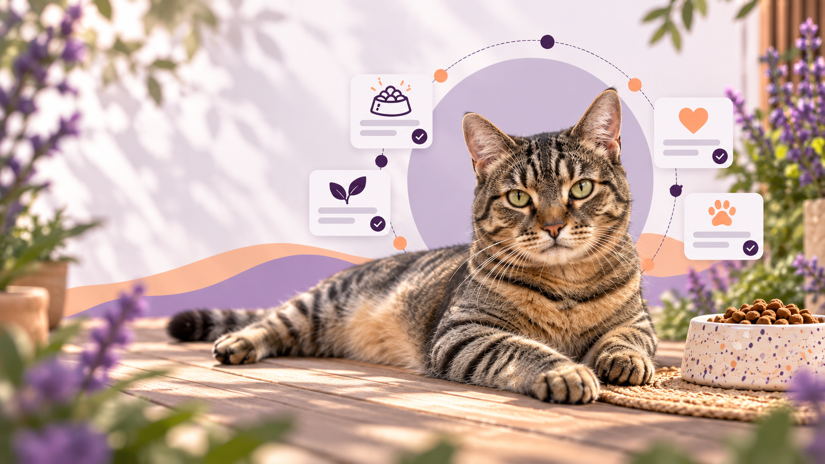 Getigerter Kater neben einem Futternapf in violett-apricotfarbener Umgebung